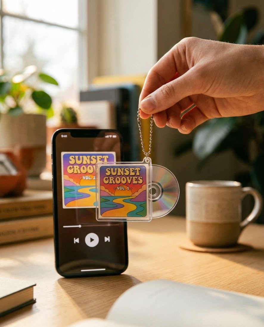 Llavero mini CD NFC junto a un celular reproduciendo la misma canción